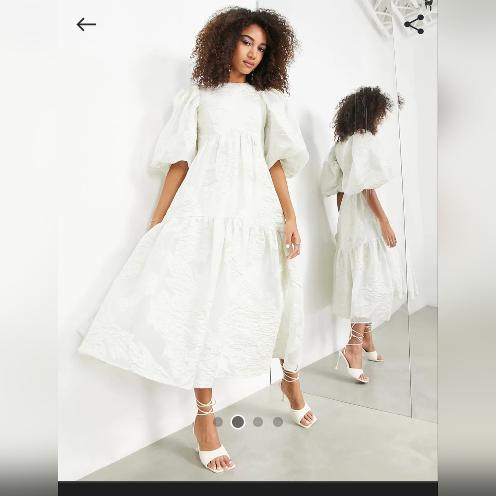 Elegant Ivory Tiered Jacquard Puff Sleeve Dress Ivory Color